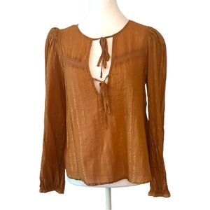 a.n.a Brown Long Sleeve Tie Front Blouse small